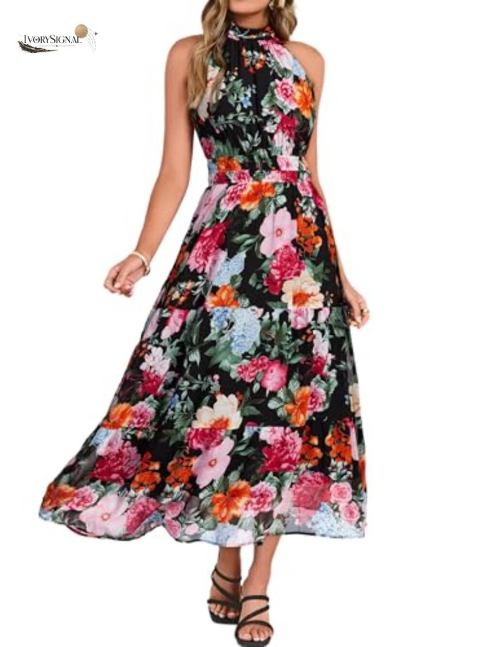 Simplee Halter Maxi Dress Polyester Floral Wedding Guest Beach Vacation